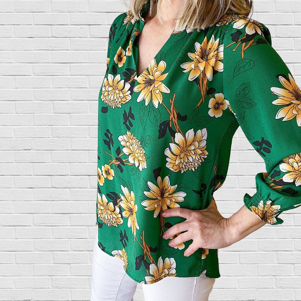 emerald green and yellow flower blouse